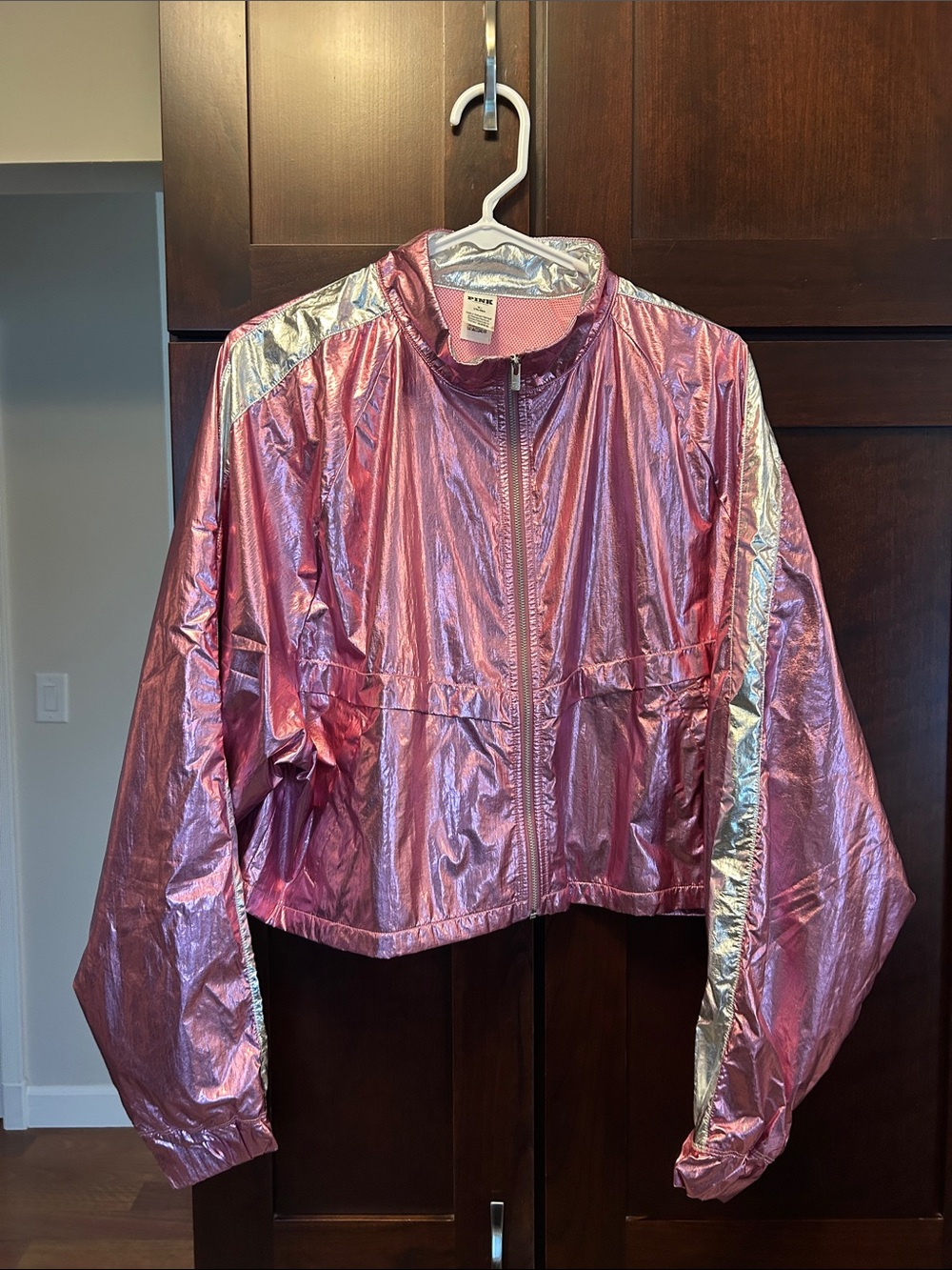 PINK Victoria's Secret Metallic Pink Bomber Jacket with Silver Trim